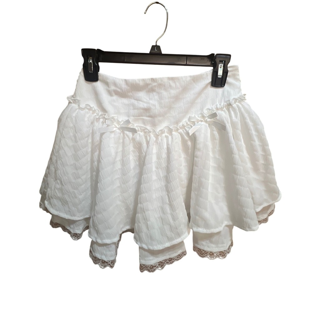 Shein White Textured Ruffle Mini Skort Bows Lace Trim Smocked Waist Small